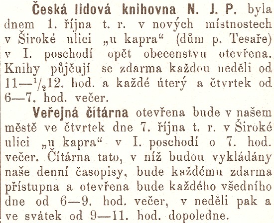 1897 - Oznámení o otevření knihovny v Široké ulici v Jihočeských listech 2. října 1897